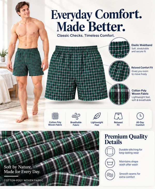 T.T. Men Checked Cotton Poly Woven Boxer Shorts Pack Of 3 Yellow,Black,Green