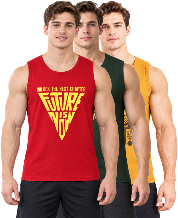 T.T. Men Cool Cotton Printed Regular Fit Round Neck Muscle Tees|Pack Of 3|Red,Forest Green,Mustard
