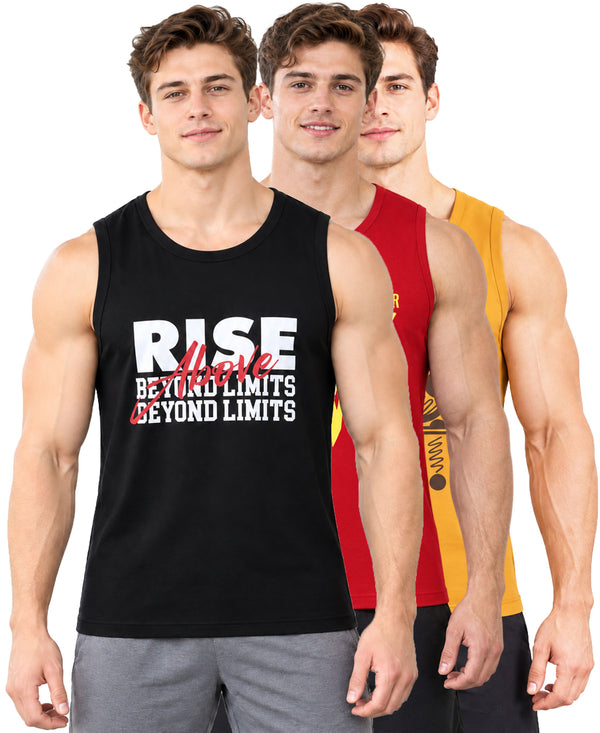 T.T. Men Cool Cotton Printed Regular Fit Round Neck Muscle Tees|Pack Of 3|Black,Red,Mustard