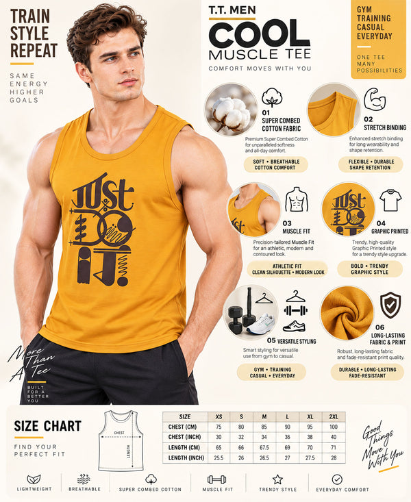 T.T. Men Cool Cotton Printed Regular Fit Round Neck Muscle Tees|Pack Of 3|Black,Red,Mustard