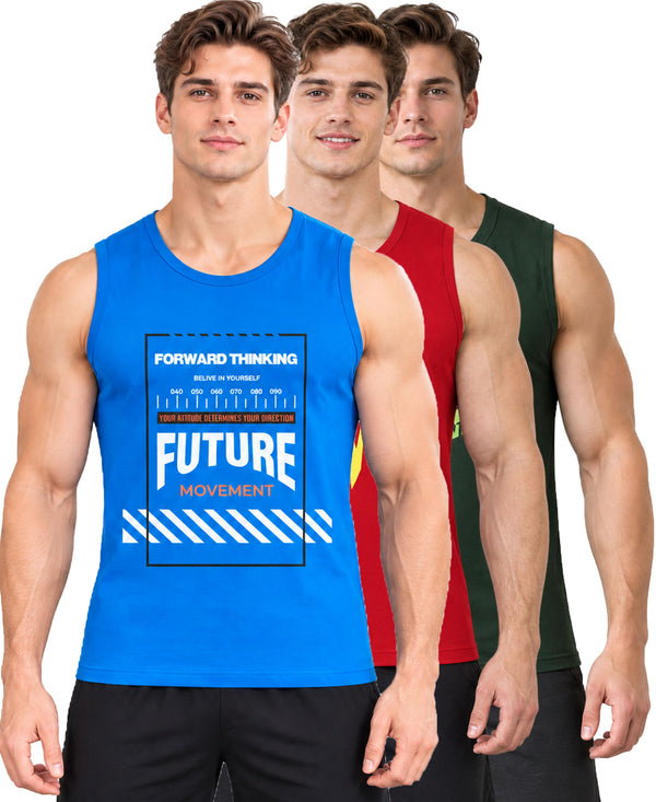 T.T. Men Cool Cotton Printed Regular Fit Round Neck Muscle Tees|Pack Of 3|Blue,Red,Forest Green