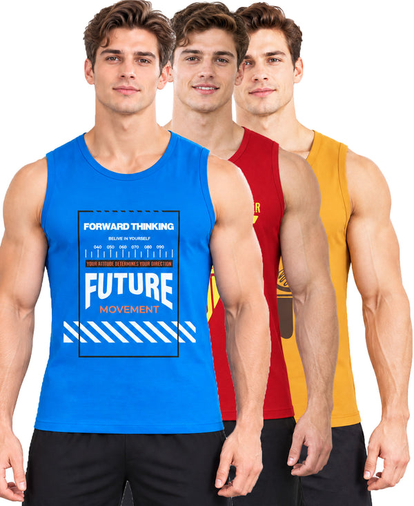 T.T. Men Cool Cotton Printed Regular Fit Round Neck Muscle Tees|Pack Of 3|Blue,Mustard,Red