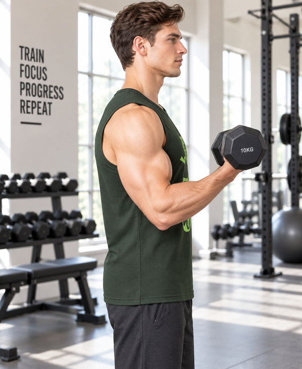 T.T. Men Cool Cotton Printed Regular Fit Round Neck Muscle Tees Forest Green
