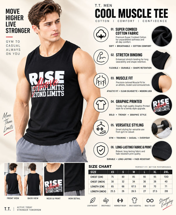 T.T. Men Cool Cotton Printed Regular Fit Round Neck Muscle Tees Black