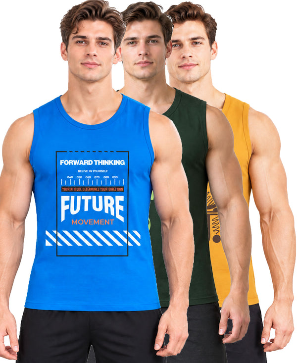 T.T. Men Cool Cotton Printed Regular Fit Round Neck Muscle Tees|Pack Of 3|Blue,Forest Green,Mustard