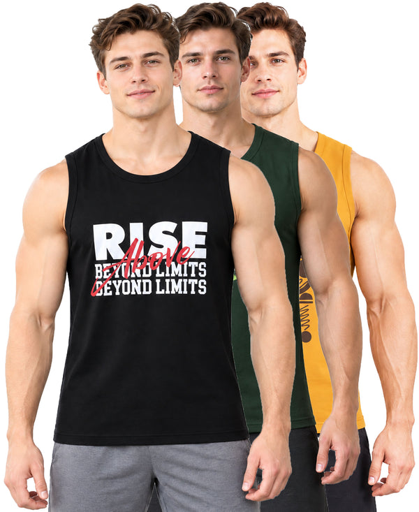T.T. Men Cool Cotton Printed Regular Fit Round Neck Muscle Tees|Pack Of 3|Black,Forest Green,Mustard