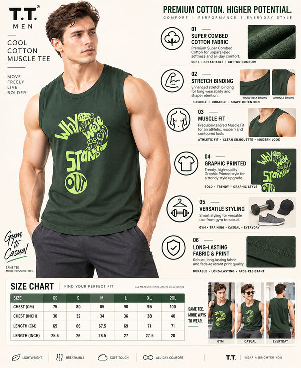 T.T. Men Cool Cotton Printed Regular Fit Round Neck Muscle Tees|Pack Of 3|Black,Forest Green,Mustard