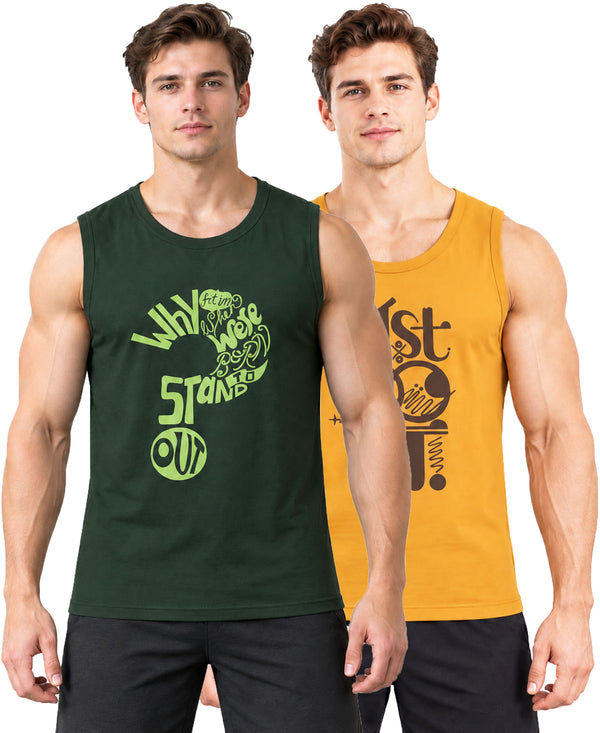 T.T. Men Cool Cotton Printed Regular Fit Round Neck Muscle Tees|Pack Of 2|Forest Green,Mustard