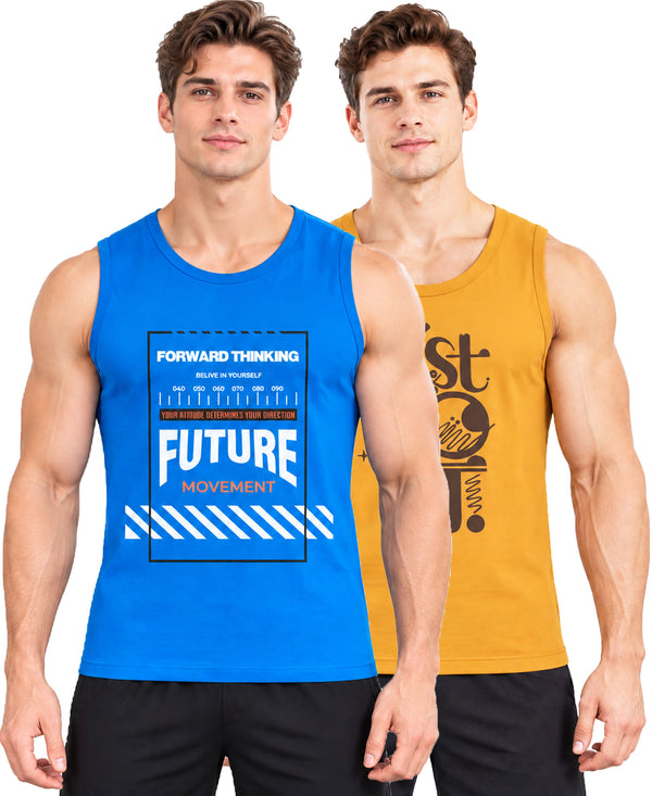 T.T. Men Cool Cotton Printed Regular Fit Round Neck Muscle Tees|Pack Of 2|Blue,Mustard