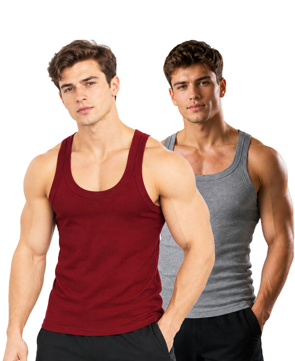 T.T. Men|Desire Premium Gym Vest|Pure Cotton|Rib Fabric|Moisture-Wicking, Breathable & Stretchable Sleeveless Undershirt| Ideal For Gym, Sports & Daily Wear|Pack Of 2|Maroon,Grey Melange