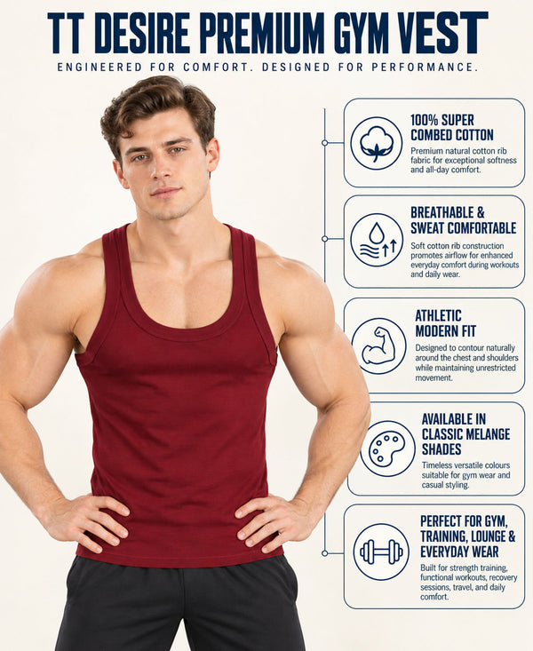 T.T. Men|Desire Premium Gym Vest|Pure Cotton|Rib Fabric|Moisture-Wicking, Breathable & Stretchable Sleeveless Undershirt| Ideal For Gym, Sports & Daily Wear|Maroon