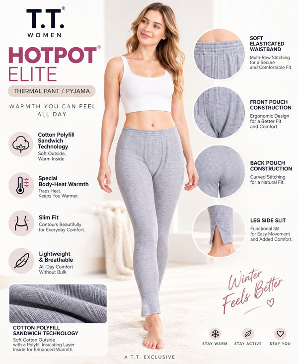 T.T. Women'S Hotpot Elite Premium Thermal Legging|Cotton Polyfill Sandwich Technology Fabric|Elasticated Waistband|Super Warm Winter Innerwear Trouser|Pack Of 3|White,Navy,Grey Melange