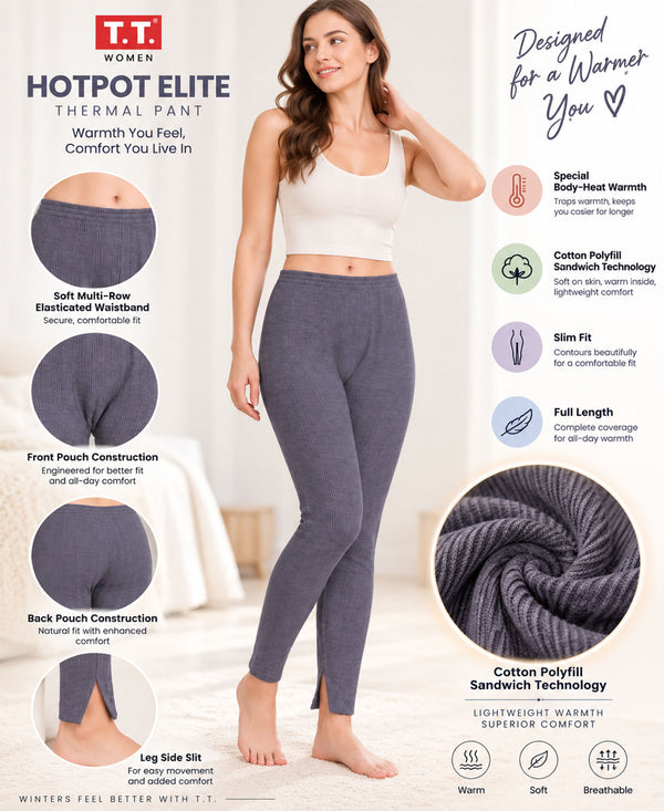 T.T. Women'S Hotpot Elite Premium Thermal Legging|Cotton Polyfill Sandwich Technology Fabric|Elasticated Waistband|Super Warm Winter Innerwear Trouser|Pack Of 3|White,Navy,Anthra Melange