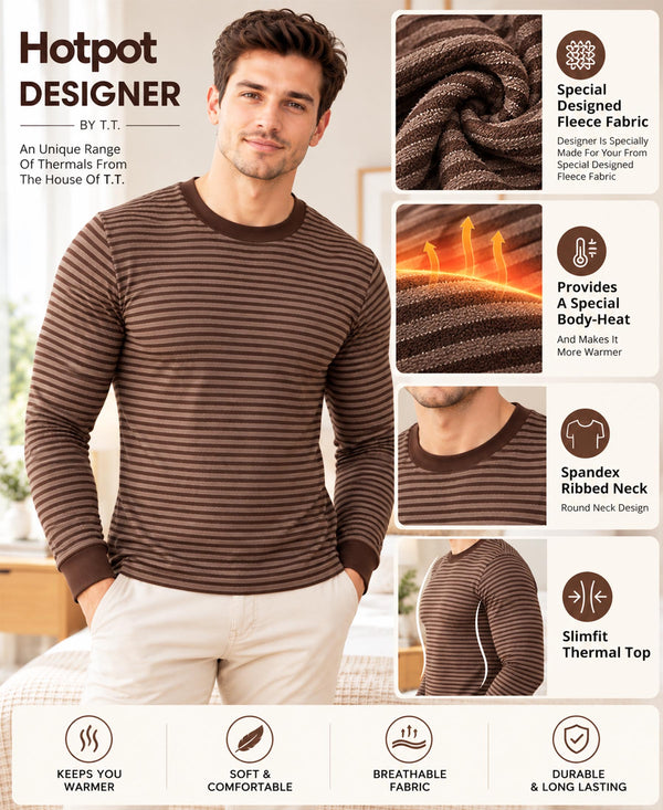 T.T. Men'S Hotpoot Designer Thermal|Fleece Fabric|Full Sleeve|Round Neck Super Warm Top|Pack Of 2|Brown,Navy