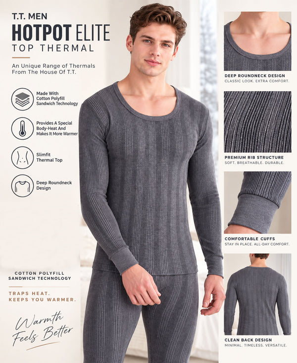 T.T. Men'S Hotpot Elite Premium Thermal Top|Cotton Polyfill Sandwich Technology Fabric|Full Sleeve|Round Neck|Super Warm Winter Innerwear|Pack Of 3|White,Black,Anthra Melange