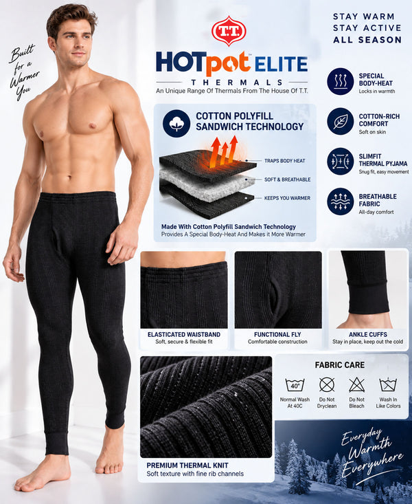 T.T. Men Hotpot Elite Light Weight , Super Warm With Polyfill Sandwich Technology Pyjama Thermal - Black
