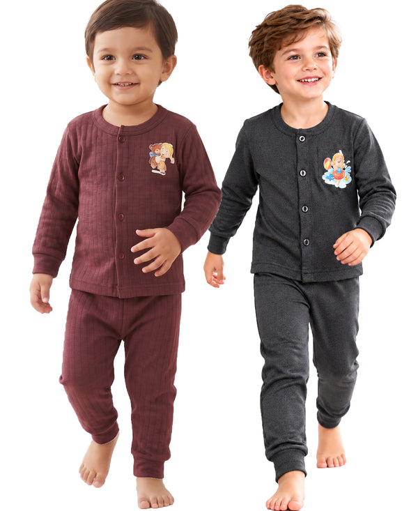 T.T. Unisex Baby Suit For Boys & Girls|Full Sleeve Button-Front Thermal Set|Soft & Comfortable Super Warm Kids Wear|Pack Of 2|Brown,Anthra