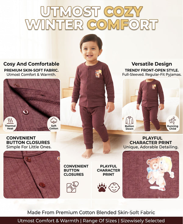 T.T. Unisex Baby Suit For Boys & Girls|Full Sleeve Button-Front Thermal Set|Soft & Comfortable Super Warm Kids Wear|Pack Of 2|Brown