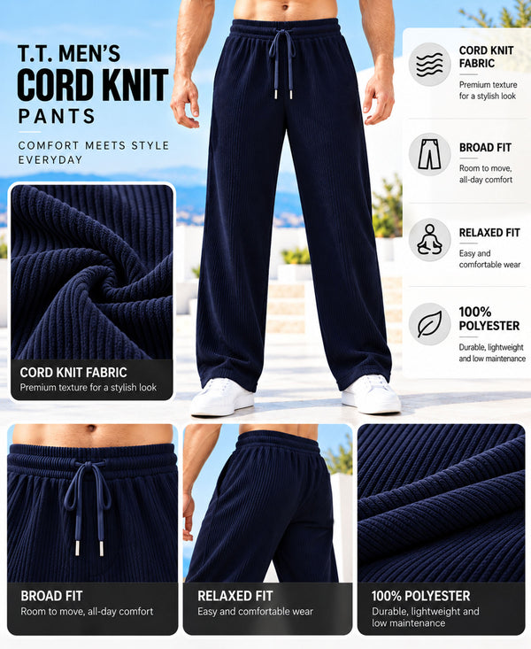T.T.Men PO2 Premium Cord-Knit Wide-Leg Track Pant -Black,Navy