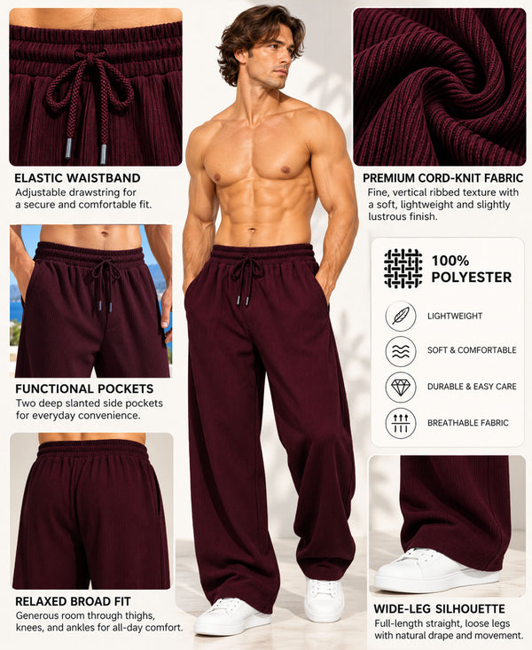 T.T.Men Premium Cord-Knit Wide-Leg Track Pant -Wine