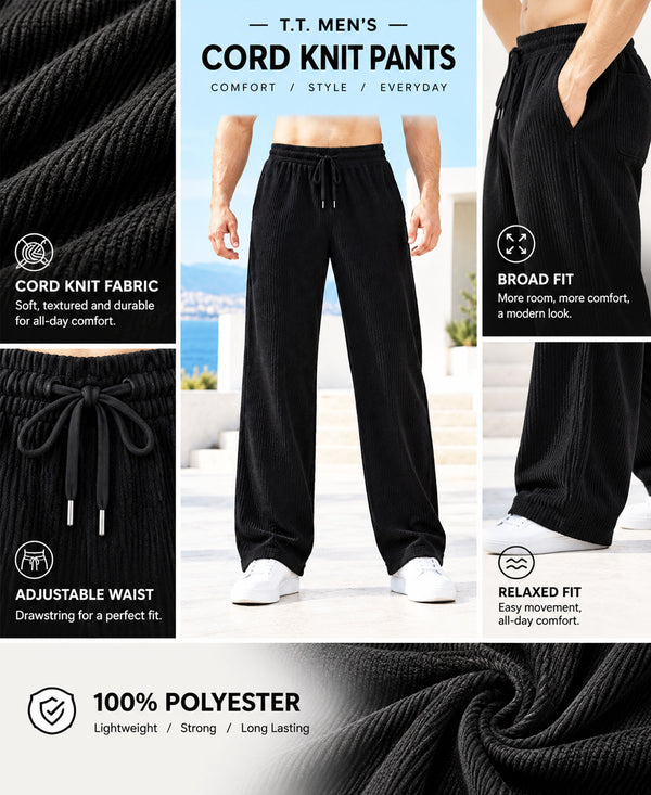 T.T.Men PO3 Premium Cord-Knit Wide-Leg Track Pant-Wine,Black,Cream