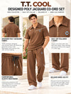 T.T. Men Poly Jacquard Co-Ord Set |Relaxed Fit| Half-Zip Collar T-Shirt And Wide-Leg Track Pants | Short Sleeve Top | Drawstring Waist -Brown