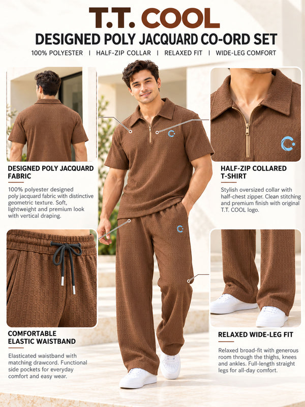 T.T. Men Poly Jacquard Co-Ord Set |Relaxed Fit| Half-Zip Collar T-Shirt And Wide-Leg Track Pants | Short Sleeve Top | Drawstring Waist -Brown
