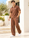 T.T. Men Poly Jacquard Co-Ord Set |Relaxed Fit| Half-Zip Collar T-Shirt And Wide-Leg Track Pants | Short Sleeve Top | Drawstring Waist -Brown