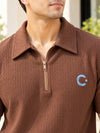 T.T. Men Poly Jacquard Co-Ord Set |Relaxed Fit| Half-Zip Collar T-Shirt And Wide-Leg Track Pants | Short Sleeve Top | Drawstring Waist -Brown