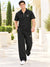 T.T. Men Poly Jacquard Co-Ord Set |Relaxed Fit| Half-Zip Collar T-Shirt And Wide-Leg Track Pants | Short Sleeve Top | Drawstring Waist -Black
