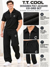 T.T. Men Poly Jacquard Co-Ord Set |Relaxed Fit| Half-Zip Collar T-Shirt And Wide-Leg Track Pants | Short Sleeve Top | Drawstring Waist -Black