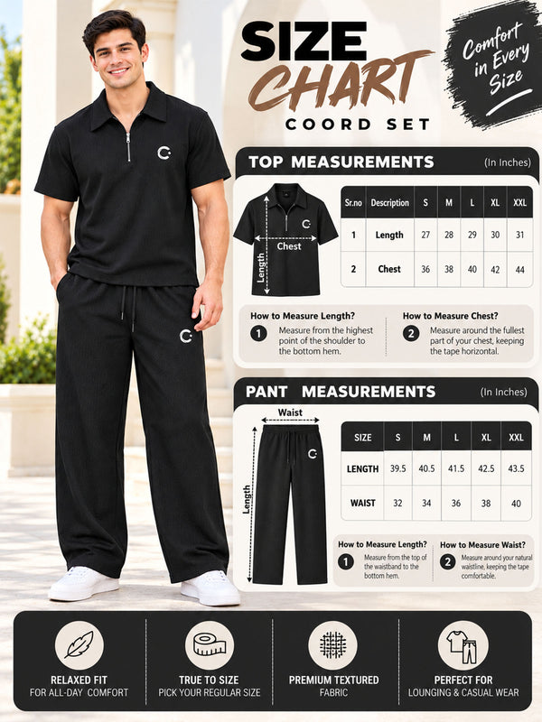 T.T. Men Poly Jacquard Co-Ord Set |Relaxed Fit| Half-Zip Collar T-Shirt And Wide-Leg Track Pants | Short Sleeve Top | Drawstring Waist -Khaki