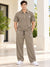 T.T. Men Poly Jacquard Co-Ord Set |Relaxed Fit| Half-Zip Collar T-Shirt And Wide-Leg Track Pants | Short Sleeve Top | Drawstring Waist -Khaki