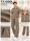 T.T. Men Poly Jacquard Co-Ord Set |Relaxed Fit| Half-Zip Collar T-Shirt And Wide-Leg Track Pants | Short Sleeve Top | Drawstring Waist -Khaki