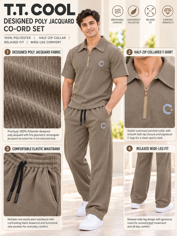 T.T. Men Poly Jacquard Co-Ord Set |Relaxed Fit| Half-Zip Collar T-Shirt And Wide-Leg Track Pants | Short Sleeve Top | Drawstring Waist -Khaki