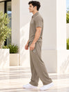 T.T. Men Poly Jacquard Co-Ord Set |Relaxed Fit| Half-Zip Collar T-Shirt And Wide-Leg Track Pants | Short Sleeve Top | Drawstring Waist -Khaki