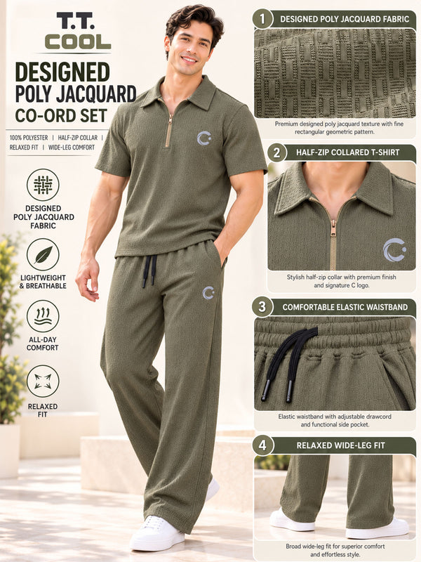 T.T. Men Poly Jacquard Co-Ord Set |Relaxed Fit| Half-Zip Collar T-Shirt And Wide-Leg Track Pants | Short Sleeve Top | Drawstring Waist -Green