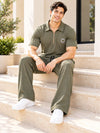T.T. Men Poly Jacquard Co-Ord Set |Relaxed Fit| Half-Zip Collar T-Shirt And Wide-Leg Track Pants | Short Sleeve Top | Drawstring Waist -Green