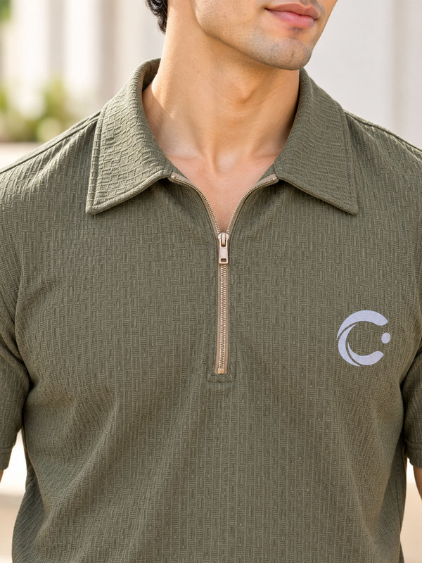 T.T. Men Poly Jacquard Co-Ord Set |Relaxed Fit| Half-Zip Collar T-Shirt And Wide-Leg Track Pants | Short Sleeve Top | Drawstring Waist -Green
