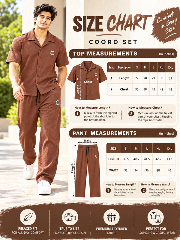 T.T. Men Poly Jacquard Co-Ord Set |Relaxed Fit| Short Sleeve Button-Down Shirt & Wide-Leg Trousers | Resort Collar | Drawstring Waist -Brown