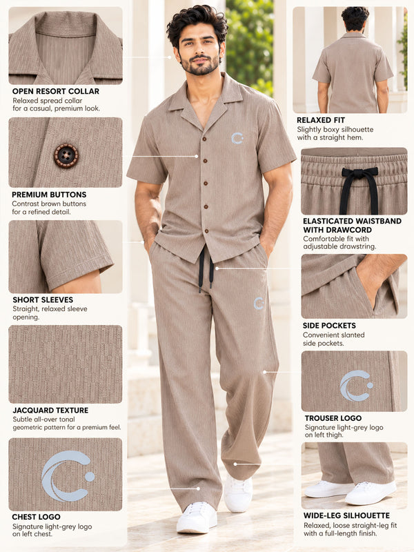 T.T. Men Poly Jacquard Co-Ord Set |Relaxed Fit| Short Sleeve Button-Down Shirt & Wide-Leg Trousers | Resort Collar | Drawstring Waist -Peach