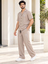 T.T. Men Poly Jacquard Co-Ord Set |Relaxed Fit| Short Sleeve Button-Down Shirt & Wide-Leg Trousers | Resort Collar | Drawstring Waist -Peach