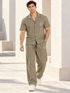 T.T. Men Poly Jacquard Co-Ord Set |Relaxed Fit| Short Sleeve Button-Down Shirt & Wide-Leg Trousers | Resort Collar | Drawstring Waist -Khaki