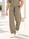 T.T. Men Poly Jacquard Co-Ord Set |Relaxed Fit| Short Sleeve Button-Down Shirt & Wide-Leg Trousers | Resort Collar | Drawstring Waist -Khaki