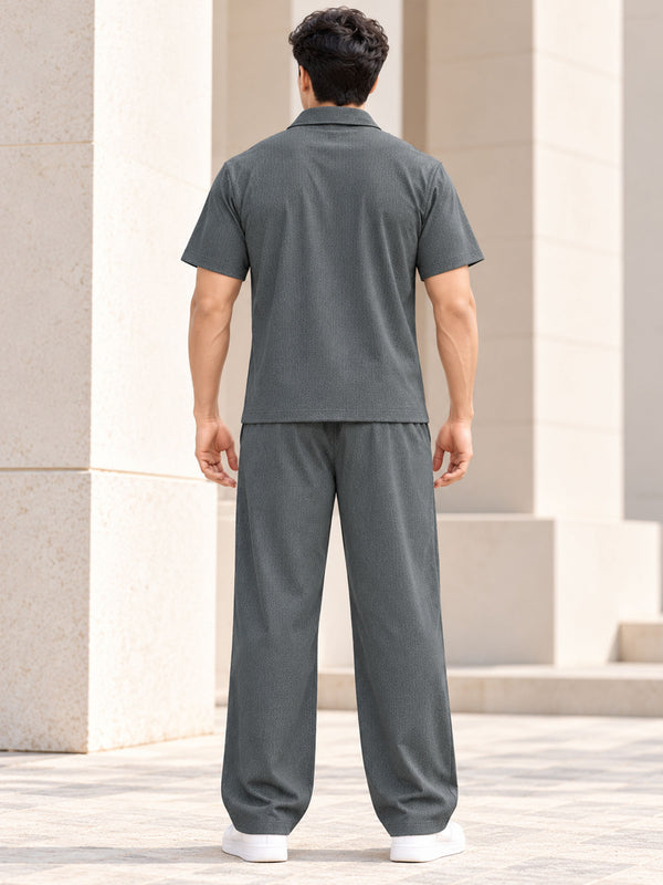 T.T. Men Poly Jacquard Co-Ord Set |Relaxed Fit| Short Sleeve Button-Down Shirt & Wide-Leg Trousers | Resort Collar | Drawstring Waist -Grey