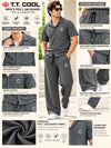 T.T. Men Poly Jacquard Co-Ord Set |Relaxed Fit| Short Sleeve Button-Down Shirt & Wide-Leg Trousers | Resort Collar | Drawstring Waist -Grey