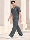 T.T. Men Poly Jacquard Co-Ord Set |Relaxed Fit| Short Sleeve Button-Down Shirt & Wide-Leg Trousers | Resort Collar | Drawstring Waist -Grey