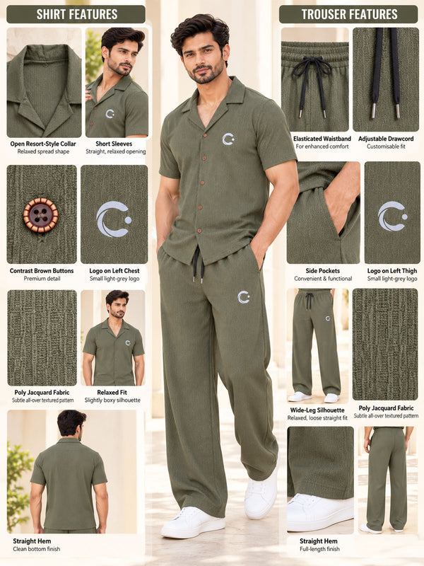 T.T. Men Poly Jacquard Co-Ord Set |Relaxed Fit| Short Sleeve Button-Down Shirt & Wide-Leg Trousers | Resort Collar | Drawstring Waist -Green