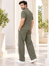T.T. Men Poly Jacquard Co-Ord Set |Relaxed Fit| Short Sleeve Button-Down Shirt & Wide-Leg Trousers | Resort Collar | Drawstring Waist -Green