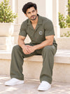 T.T. Men Poly Jacquard Co-Ord Set |Relaxed Fit| Short Sleeve Button-Down Shirt & Wide-Leg Trousers | Resort Collar | Drawstring Waist -Green